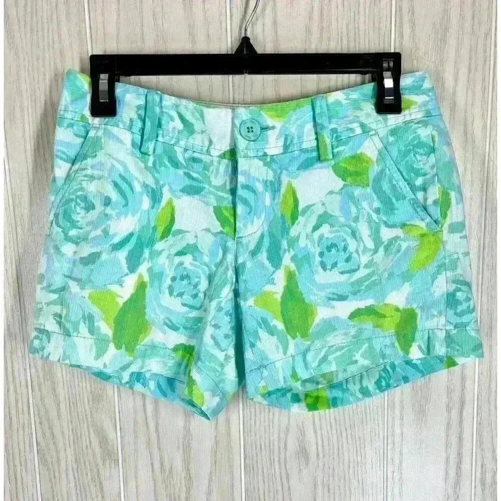 Lilly Pulitzer Shorts Size 00 Blue The Callahan Floral Cotton Chino Rose Print